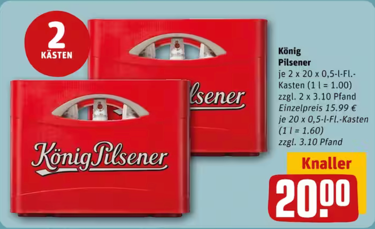 REWE Marina Schuster König Pilsener 2 Kasten o,5 Liter